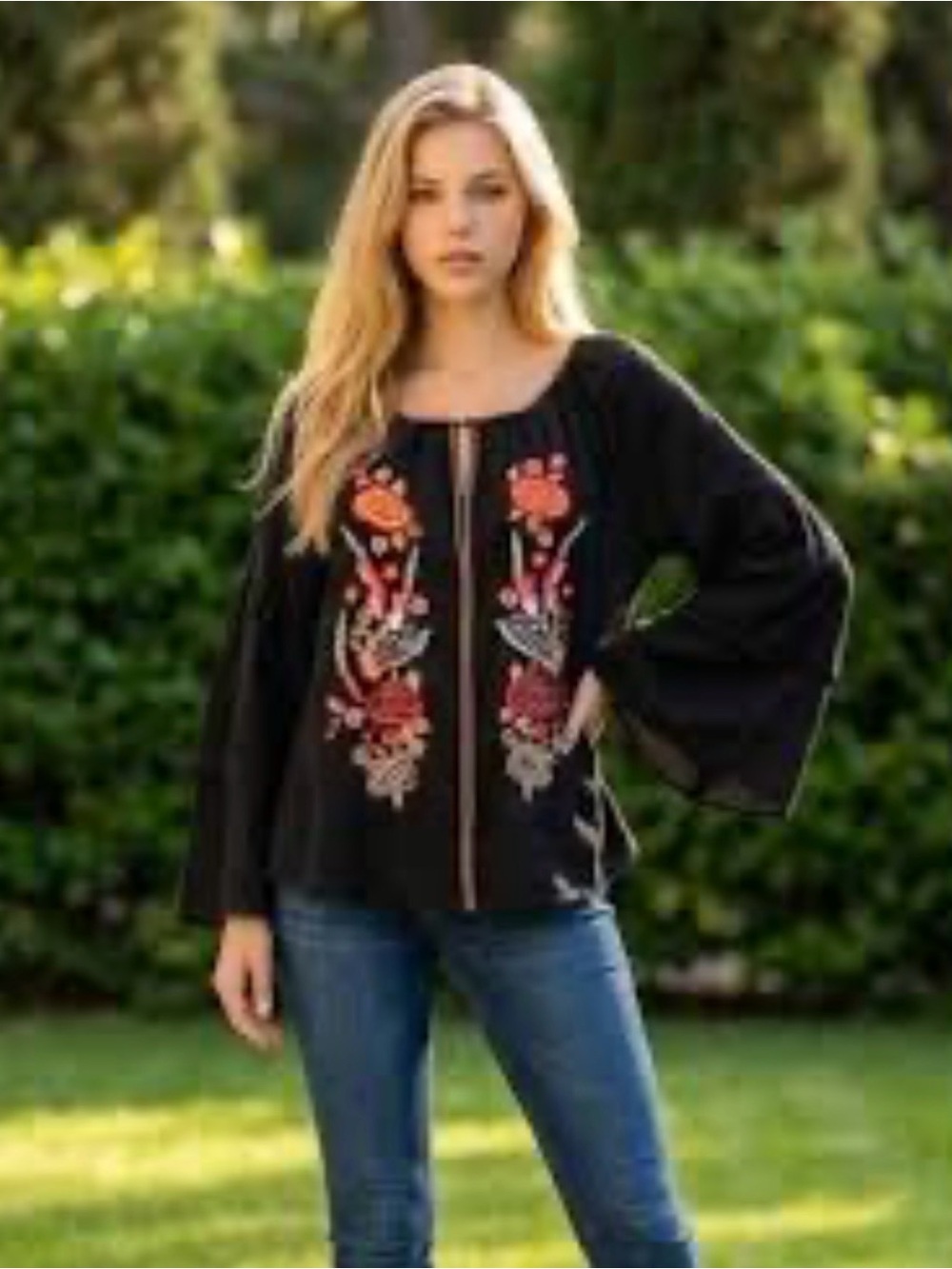 Solitaire Black Embroidered Floral Peasant Blouse